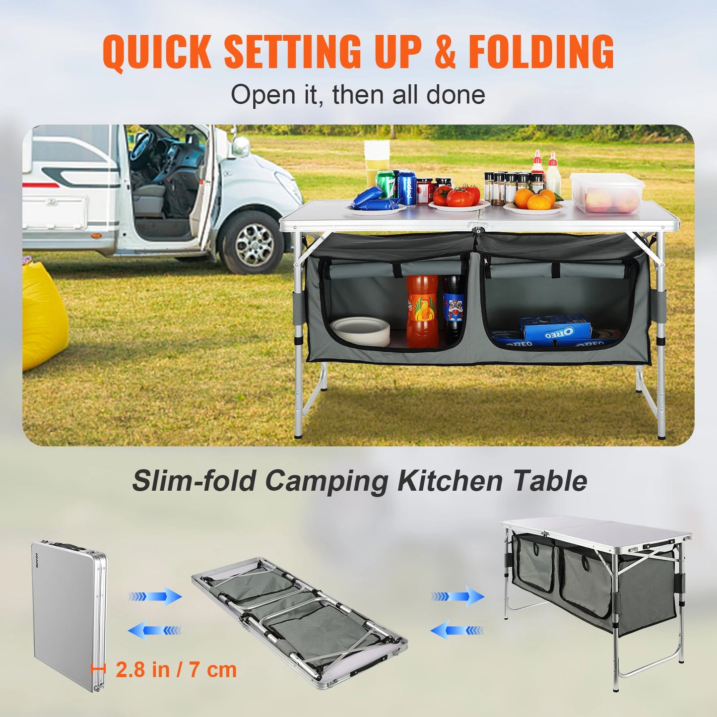 🍳 SucceBuy Camping Kitchen Table – Quick Setup, Folding Design, Adjustable Heights & Ample Storage